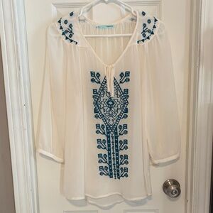 Maurices Cream Blouse with Blue Embroidery